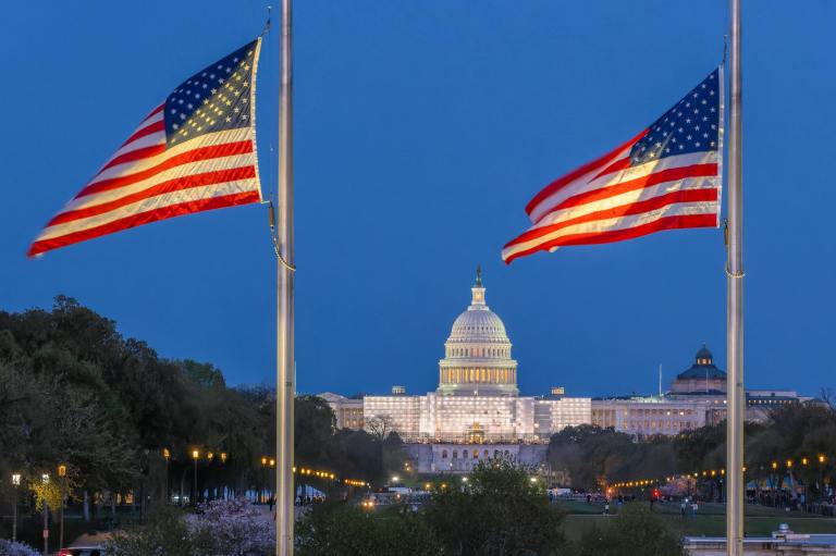 united states flag and white house